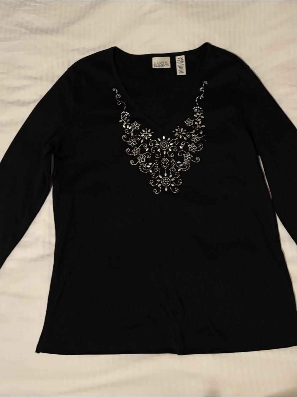 Classic Elements Black Long Sleeve V‑Neck Top with Silver Rhinestone Accent